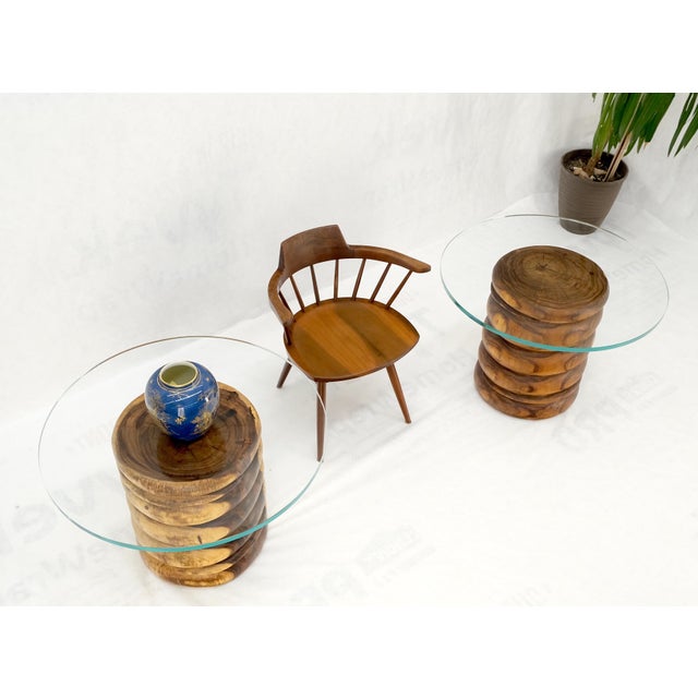 Transparent Pair Solid Carved Wood Cylinder Shape Bases Glass Top End Side Tables Stands For Sale - Image 8 of 18