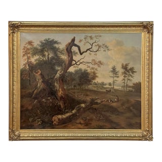 17th Century European Pastoral Landscape Oil on Canvas in Original Frame For Sale