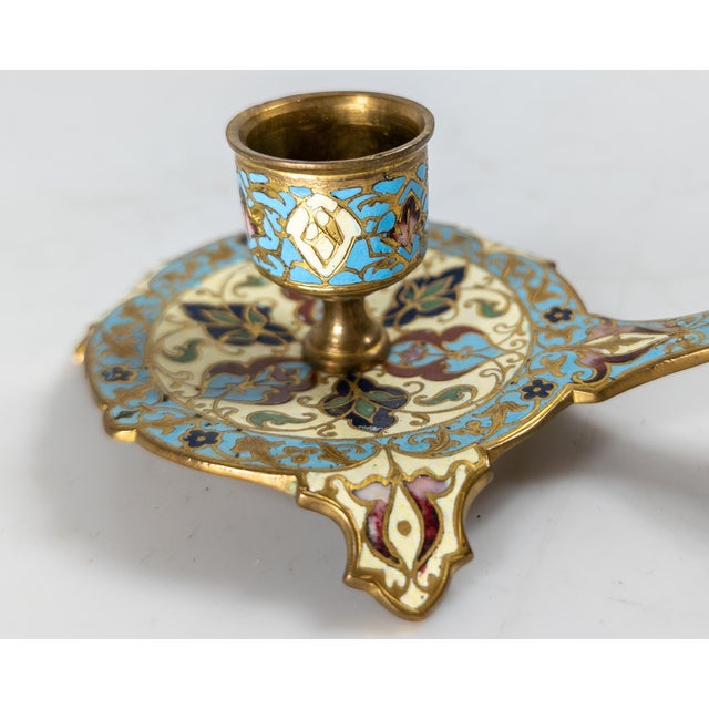 19th Century French Gilt Brass Champleve Enamel Candle Stick Holder For Sale In New York - Image 6 of 10