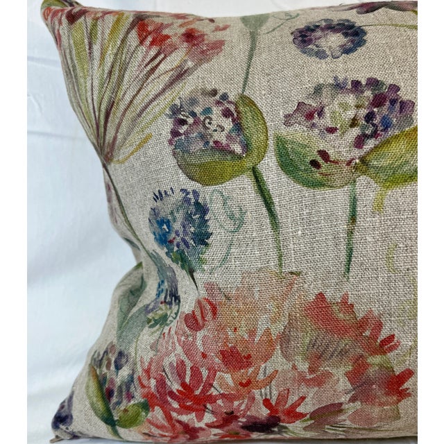 Textile Large Bolster Pillow Decorated With a Delicate Water Color Look Floral Pattern of Rich Blues, Pinks and Yellows - Made in the U K For Sale - Image 7 of 12
