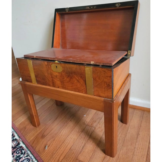 Brown 1 / 16 1911 Walnut Burl and Brass Inlays and Leather Inset Travel Desk on Stand For Sale - Image 8 of 11