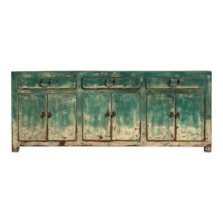 Chinese Distressed Green Sideboard Buffet Table Cabinet Credenza For Sale