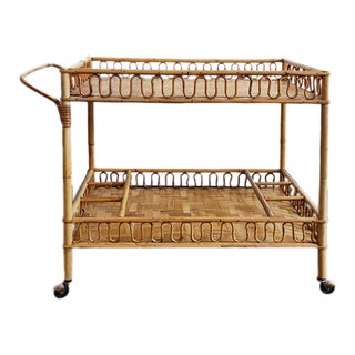 1960s Bamboo & Rattan Serving Bar Cart Trolley by Franco Albini, Made in Italy For Sale