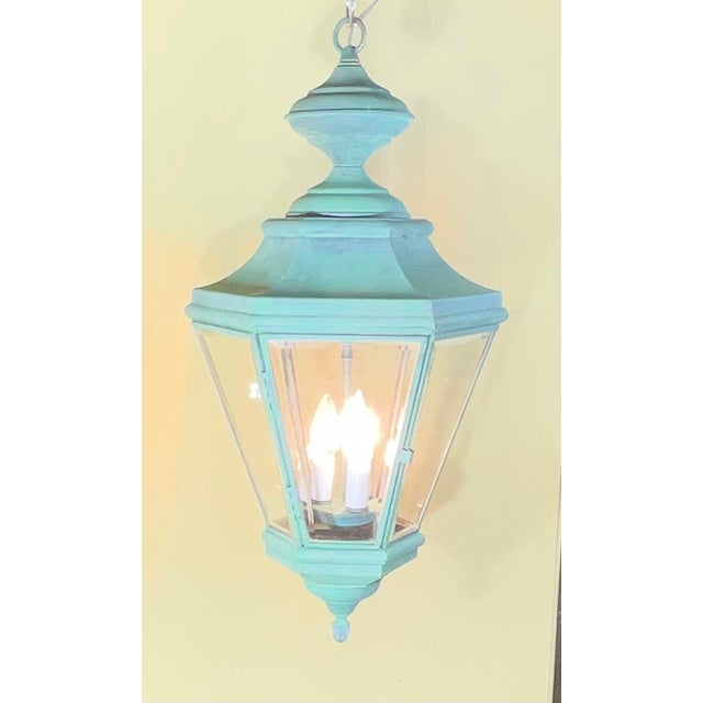 American Vintage Solid Brass Hanging Lantern Hexagonal 3-Light Pendant With Verdigris For Sale - Image 3 of 14