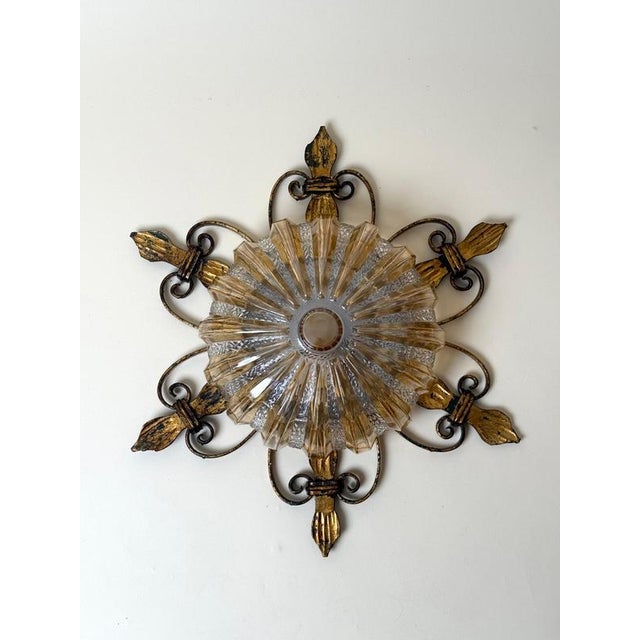 Metal German Gilt Wrought Iron and Textured Glass Flush Mount, 1970s For Sale - Image 7 of 13