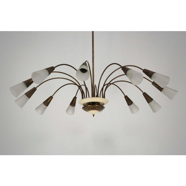 Large Mid-Century Italian Sputnik Brass Chandelier with Satin Glass, 1950s For Sale - Image 4 of 17