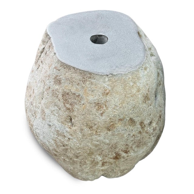 Vintage solid heavy stone boulder outdoor umbrella stand and stool / side table. Rustic organic modern piece. Each is...