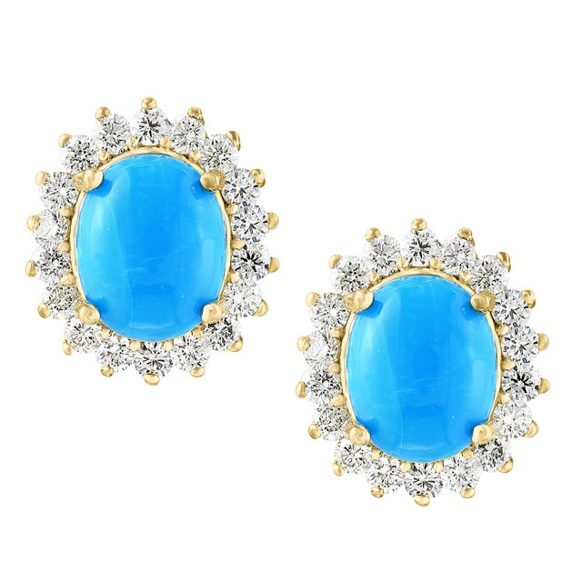 8 Ct Oval Sleeping Beauty Turquoise 1.5ct Diamond Stud Earrings 14 K Yellow Gold For Sale - Image 12 of 18