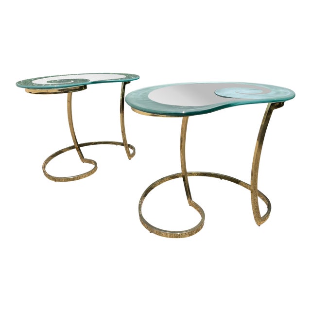 1980's Vintage Etched-Glass & Brass Kidney Shaped Side Tables - A Pair For Sale