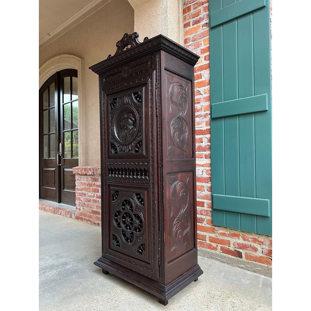 Antique French Breton Cabinet Armoire Carved Crown Brittany Wardrobe C1890 For Sale - Image 14 of 18