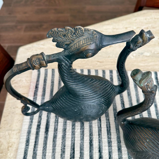 Two Antique Aquamanile Mughal Bronze Ritual Hamsa Goose / Swans W Golden Eyes For Sale - Image 12 of 12