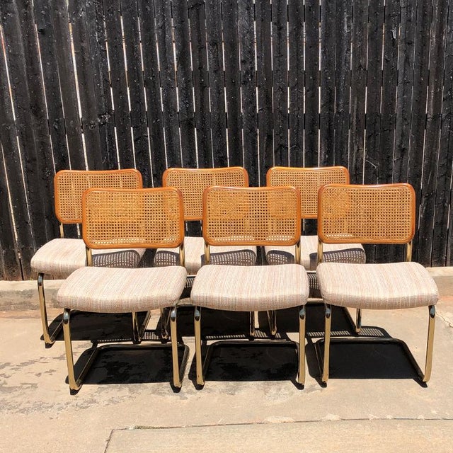 1980s Vintage Cantilever Cane Marcel Breuer Style Tubular Dining Chairs Upholstered Seats Set of 6 For Sale - Image 13 of 13