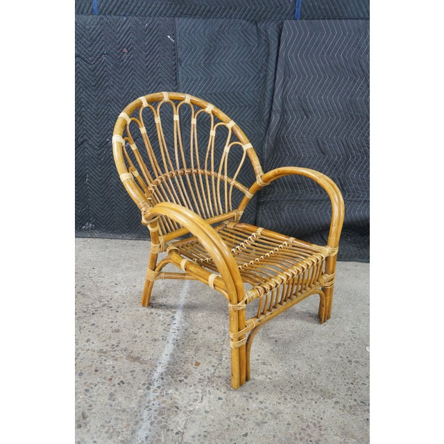 Pair Mid Century Modern Rattan Bamboo Armchairs Boho Sunburst Fan Back Chairs For Sale - Image 16 of 18
