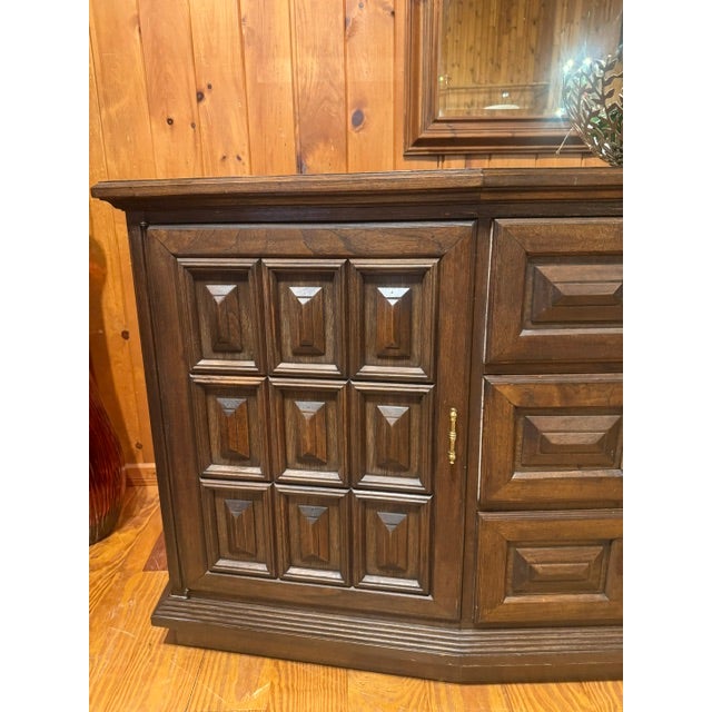 Brown 1960s American MCM Walnut Spanish Style Buffet With Pillow Tufted Facade For Sale - Image 8 of 12