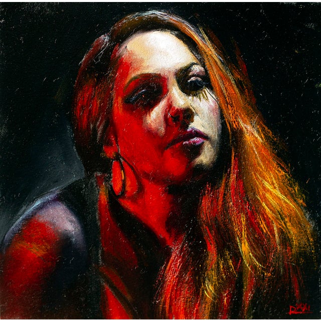 This oil painting captures a striking portrait of a woman, her expressive gaze conveying a sense of introspection and...