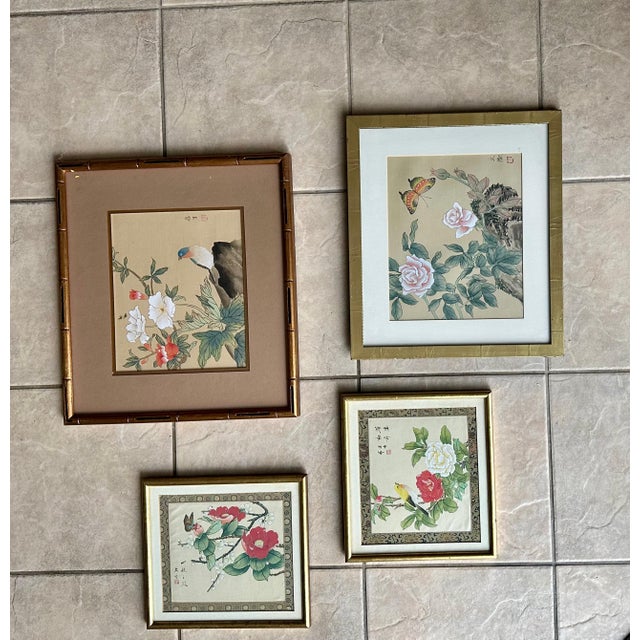 Collection Four Asian Japanese Silk Watercolor Framed Paintings For Sale - Image 4 of 18