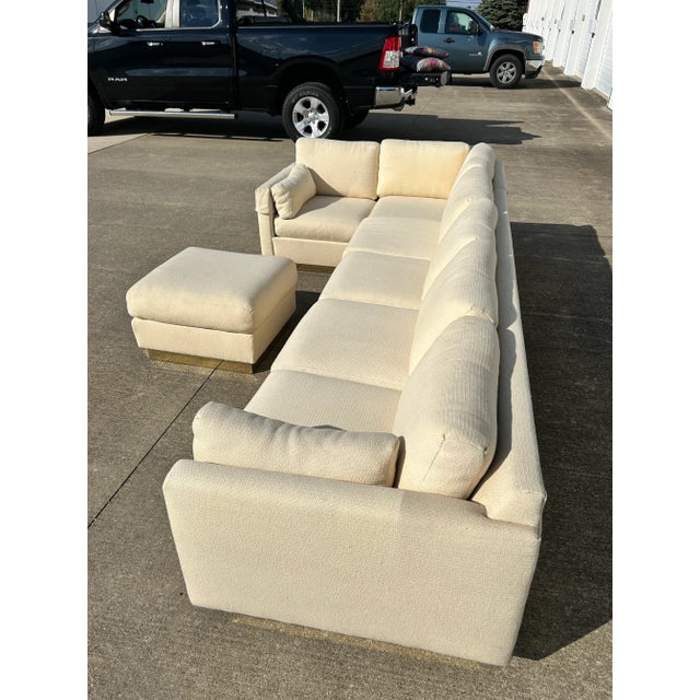 1970's Cream Wool Sectional Sofa on Polished Brass Plinth Base With Ottoman For Sale - Image 14 of 17