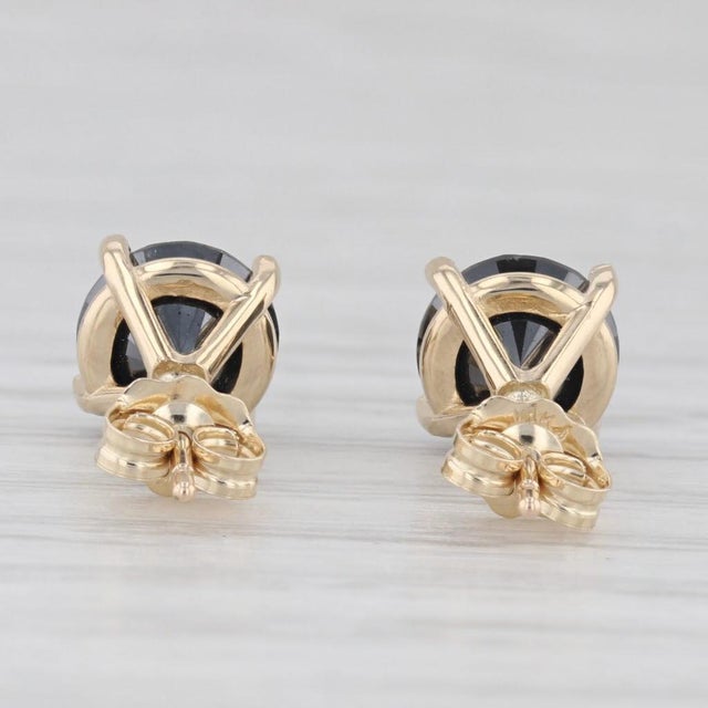 New 2.67ctw Black Diamond Stud Earrings 14k Yellow Gold Round Solitaires For Sale - Image 4 of 6