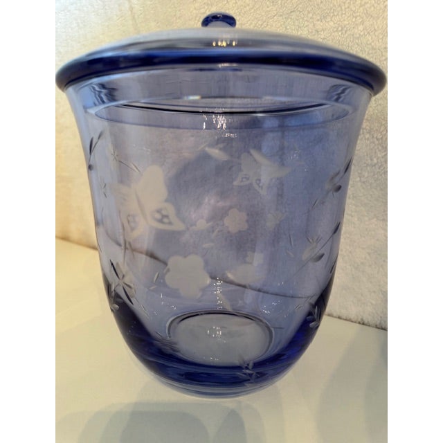 Lenox Butterfly Meadow Glassware Biscuit Barrel with Lid, blue glass, etched floral jar, butterfly motif, lidded candy...