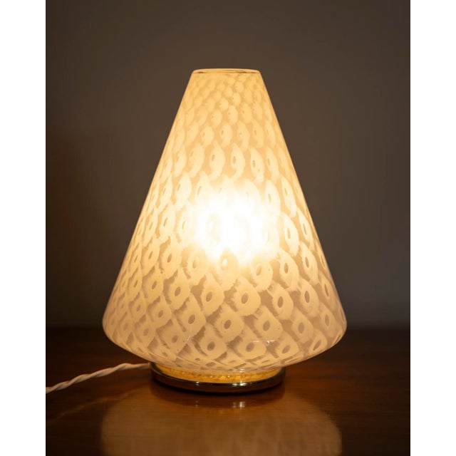 Table lamp with gilded brass base and truncated cone-shaped Murano glass diffuser, Italian design, 1970s. European Plug...