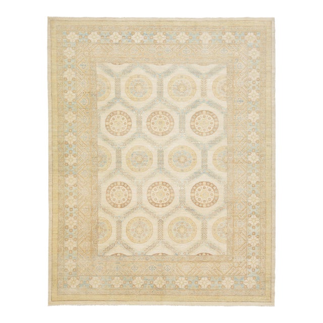 Modern Khotan Beige Wool Rug With Allover Geometric Design For Sale