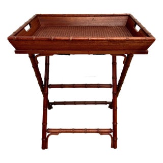 Vintage Faux Bamboo Folding Butler's Tray Table With Woven Cane Tray For Sale