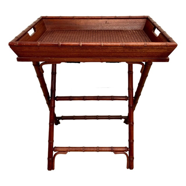 Vintage Faux Bamboo Folding Butler's Tray Table With Woven Cane Tray For Sale