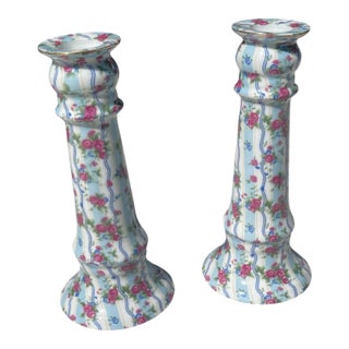 1970s Jay & Sons Porcelain Chinz Candle Holders- A Pair For Sale