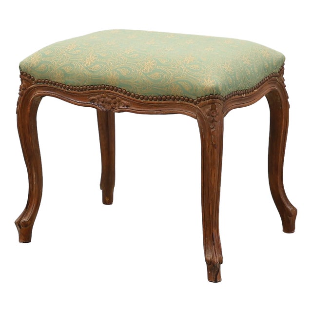 French Louis XV Stool with Carved Floral Apron and Original Damask Upholstery, 1890s For Sale