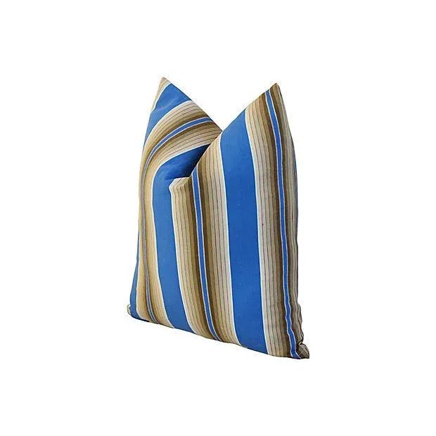 Custom-tailored double-sided/reversible pillow in vintage printed French ticking fabric depicting a bold ticking stripe...