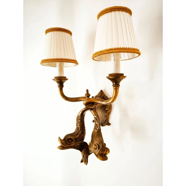 Brown Bronze Wall Lights with Fish and Silk Lampshades For Sale - Image 8 of 10
