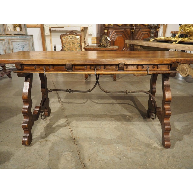 A 1900s Spanish Library Table Desk With Iron Stretchers, Shallow Frieze Drawers For Sale In Dallas - Image 6 of 18