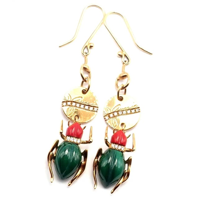 Contemporary Gucci Diamond Malachite Carnelian Scarab Yellow Gold Drop Earrings, A Pair For Sale - Image 3 of 5