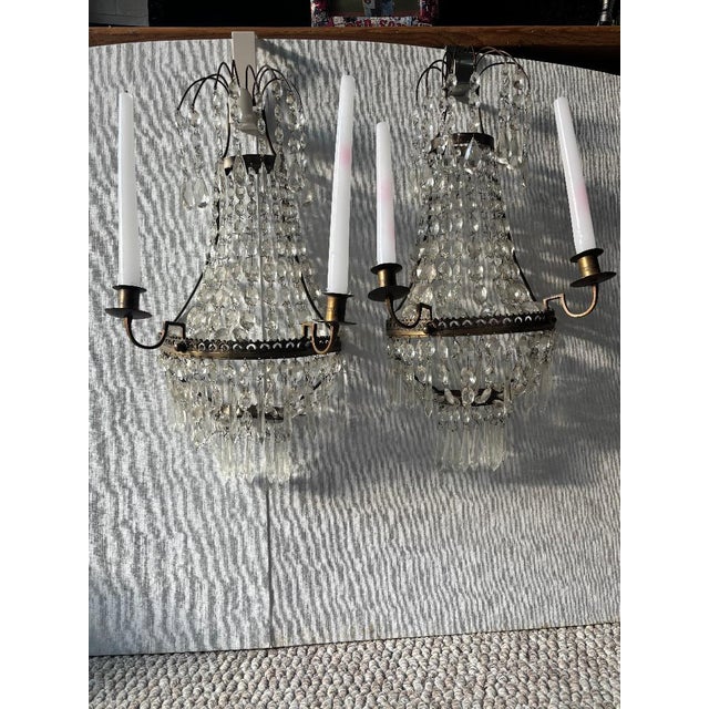 Vintage Empire Style Crystal Cascade Sconces – a Pair For Sale - Image 11 of 16