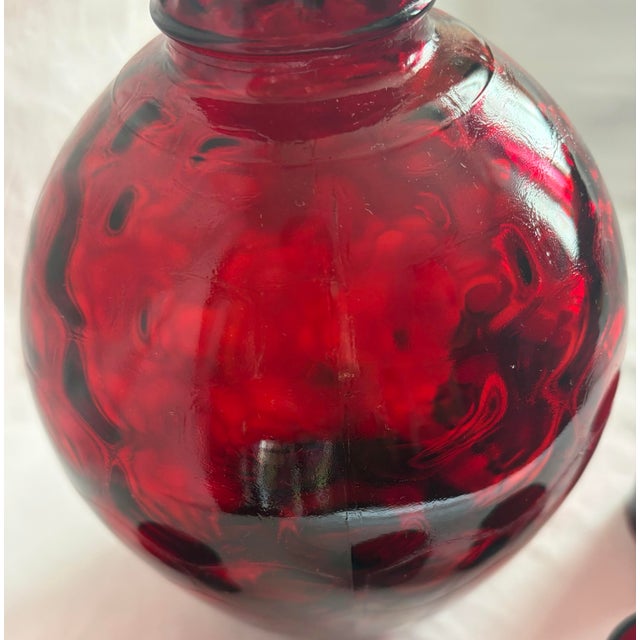 Imperial Glass Co. 1970 Ruby Red Honeycomb Decanter Bottle with Stopper-Lid Six “Anchor Hocking” Shot Glasses