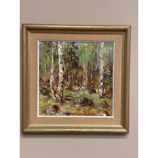 Original Swedish Oil on Canvas – “Birch Forest” by John Sköld – Signed – Dated 1954 – Vintage & Framed – 40 × 40 cm (15.7"...