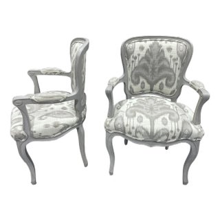 1960s Vintage Louis XV Style Gray Painted Arm Chairs- a Pair For Sale