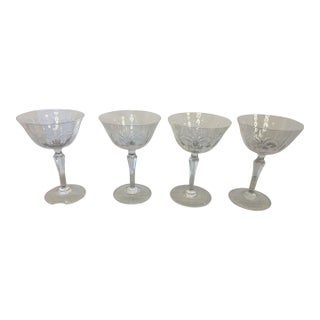 Vintage Tiffin Franciscan Chardonnay Etched Crystal Champagne Coupes – Set of 4 Elegant Faceted Stem Cocktail Glasses For Sale