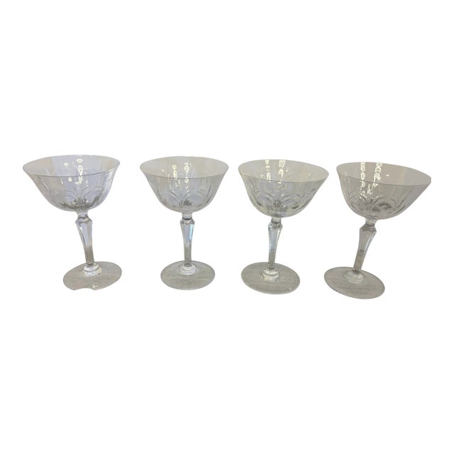 Vintage Tiffin Franciscan Chardonnay Etched Crystal Champagne Coupes – Set of 4 Elegant Faceted Stem Cocktail Glasses For Sale