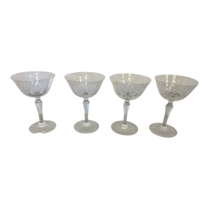 Vintage Tiffin Franciscan Chardonnay Etched Crystal Champagne Coupes – Set of 4 Elegant Faceted Stem Cocktail Glasses