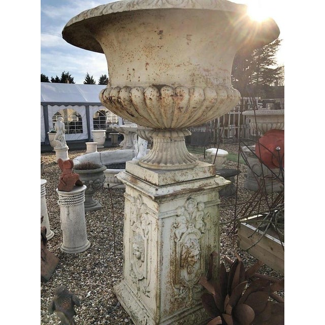 Antique Classical Cast Iron Garden Urns on Pedestals, Set of 2 For Sale - Image 14 of 18