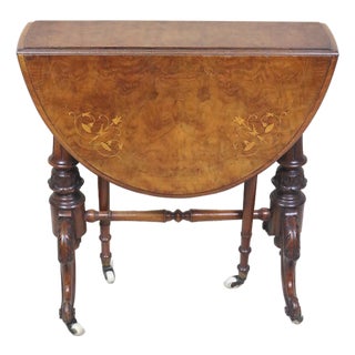 English Victorian Period Burl and Satinwood Inlaid Sutherland Drop Leaf Table For Sale
