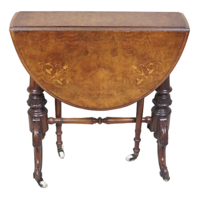 English Victorian Period Burl and Satinwood Inlaid Sutherland Drop Leaf Table For Sale
