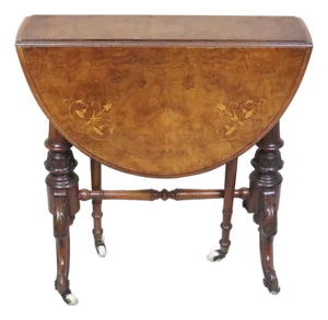 English Victorian Period Burl and Satinwood Inlaid Sutherland Drop Leaf Table