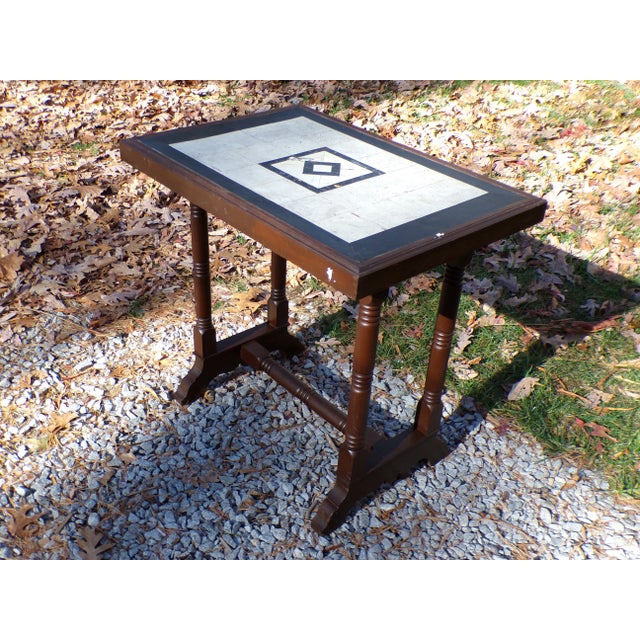 Antique Victorian Walnut Inlay Parlor Library Table Trestle Work Table For Sale - Image 9 of 12