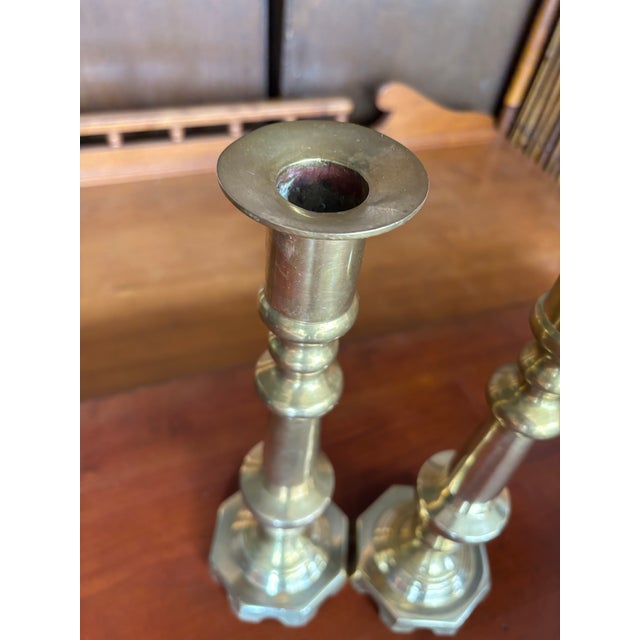 Brass Vintage Solid Brass Tall Candlesticks, a Pair For Sale - Image 8 of 12
