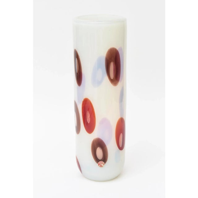 This rare large and stunning opalescent column Murano vase or Murano object is by Anzolo Fuga for Avem has random murrines...