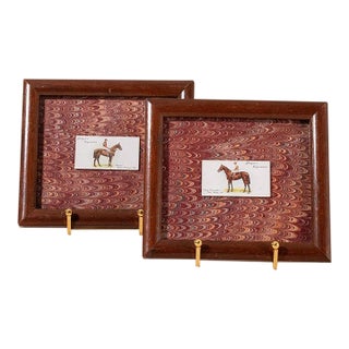 Pair of Antique British Collector’s Cigarette Jockey Card | Custom Float Mount on Antique Red Marbled Book in Vintage Frame For Sale