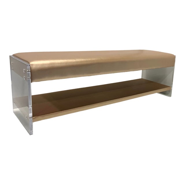 Modern Rose Gold Leather and Acrylic Bench For Sale