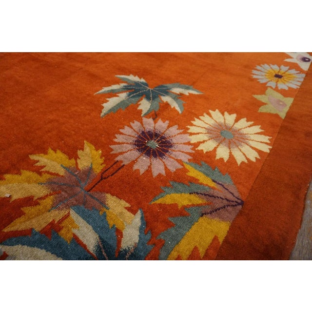 Striking Multi Color Daisies in a Floral Design With Orange-Terra-Cotta Ground Color Antique Chinese Art Deco Rug For Sale In New York - Image 6 of 12